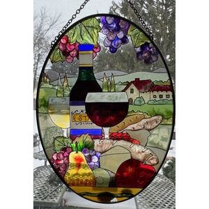 Vintage Joan Baker Designs Wine‎ & Cheese Hand Painted Stained Glass Suncatcher